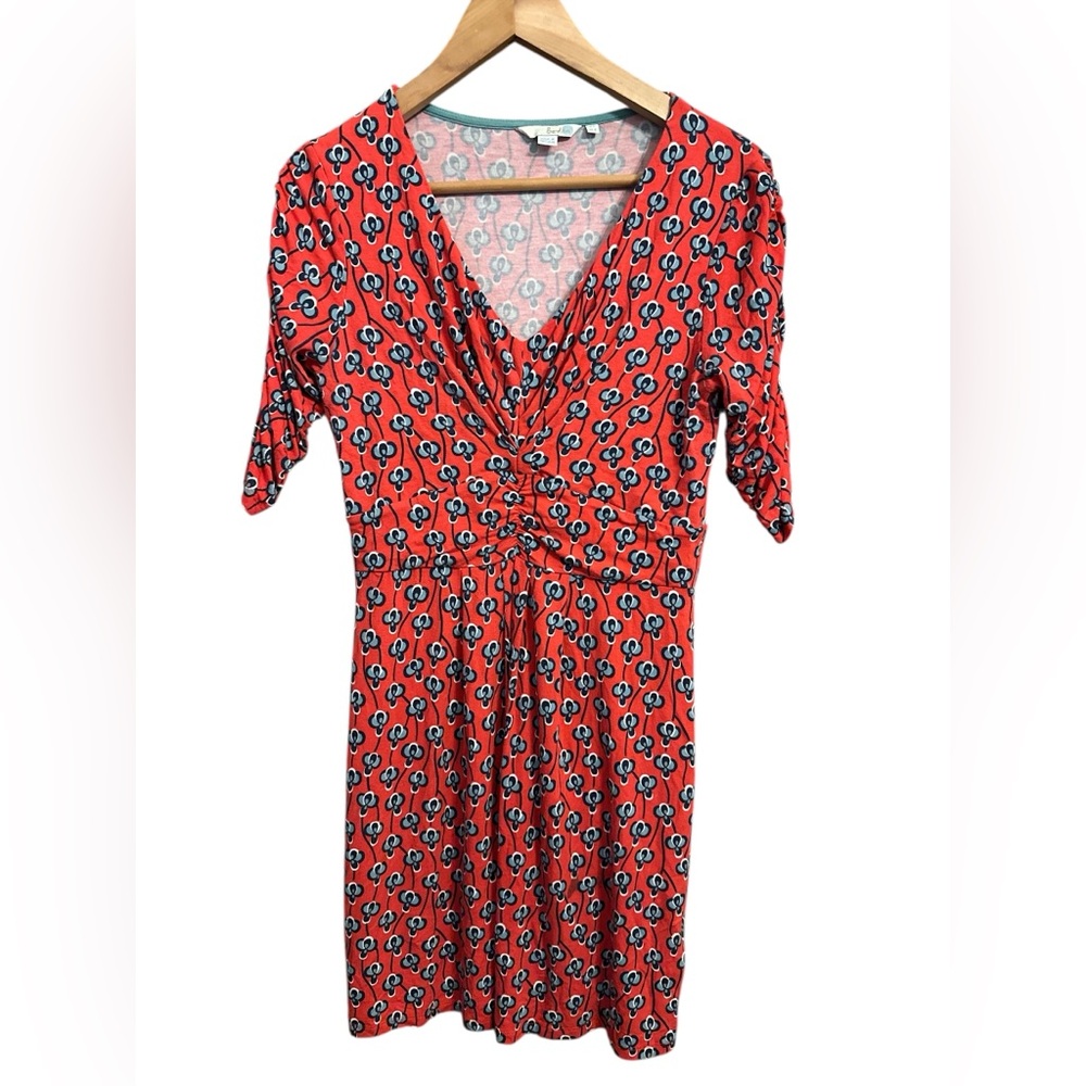 Boden Dress Women’s 8 Floral Rushed Midi V-Neck Red Blue Viscose